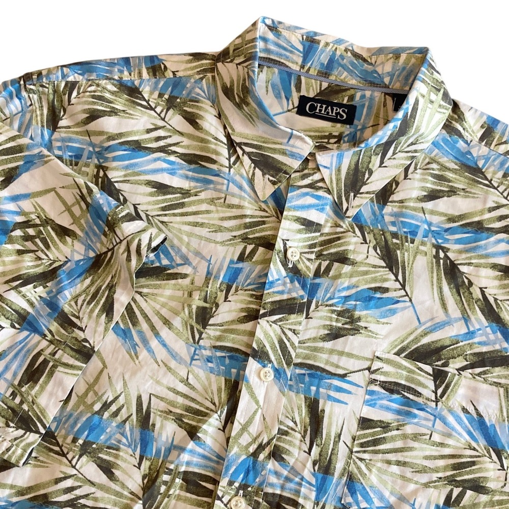 Chaps Men XXL 2XL Tropical Palm Leaf Print Short Sleeve Cotton Button Down Shirt